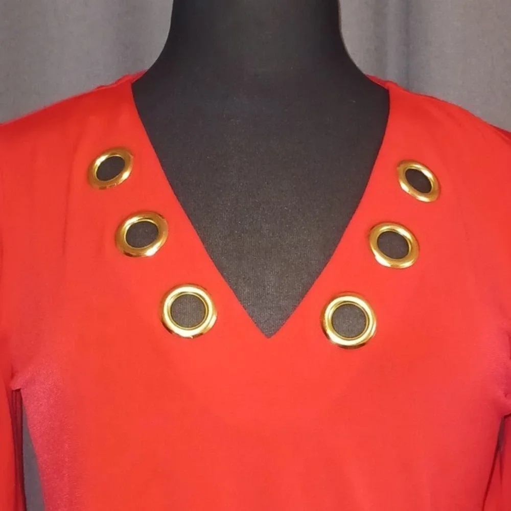 Michael Kors Red Blouse Top Gold Grommet V Neck‎ Long Sleeve Ruffle Cuff small